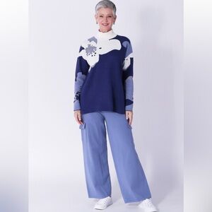 Wynne Style Exploded Floral Sweater, TurtleNeck,Blue Size 3X, Comfy Cozy Sweater